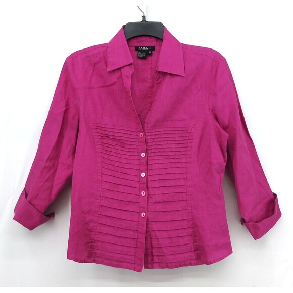 Sara I. Shirt Womens Size M Pink Pleated Front 100% Linen Button Up Top - Picture 1 of 7